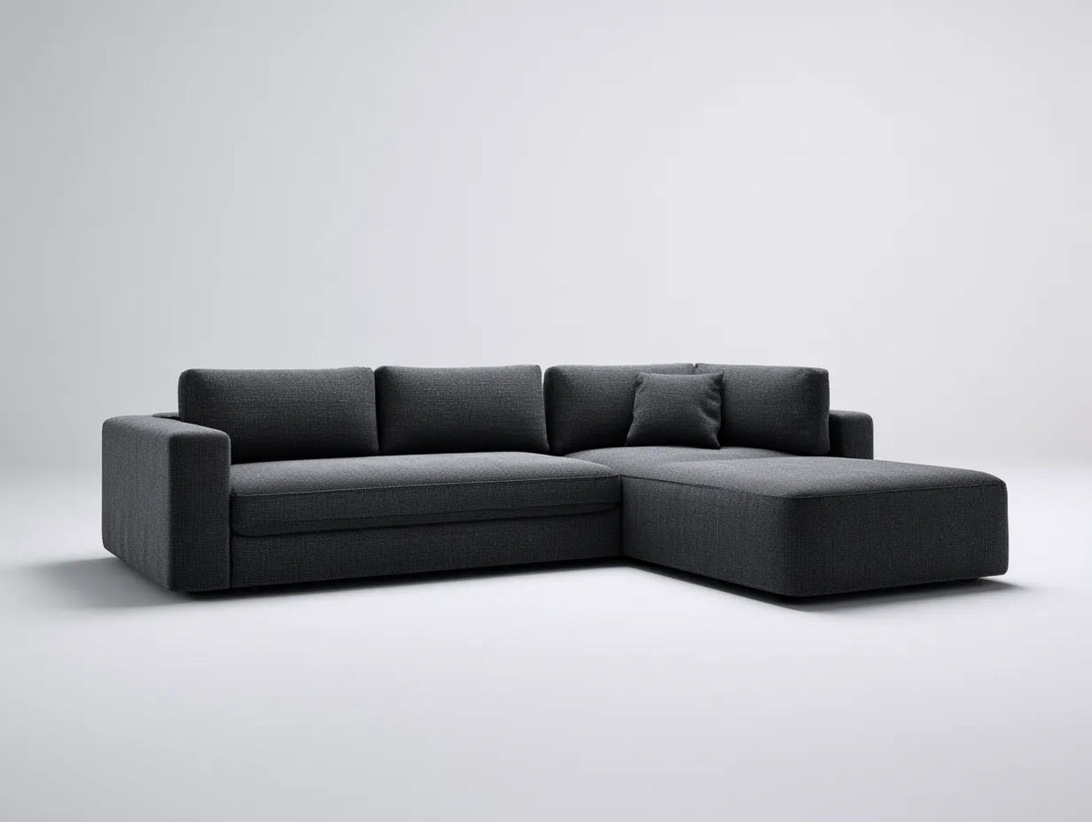 Divano angolare in tessuto 295×185×78 cm - grigio scuro - chaise integrata moderna