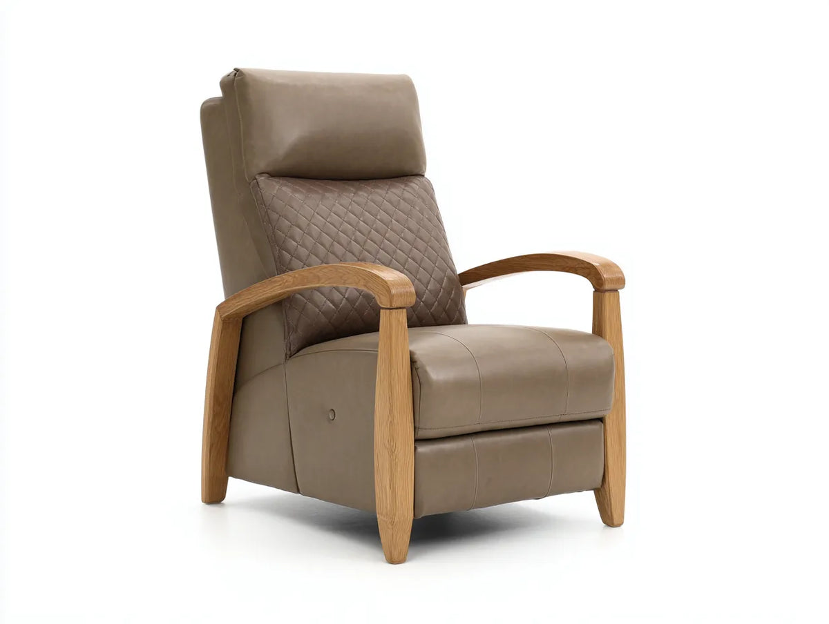 Poltrona reclinabile in pelle 73×84×98 cm - tortora - schienale trapuntato e braccioli in legno